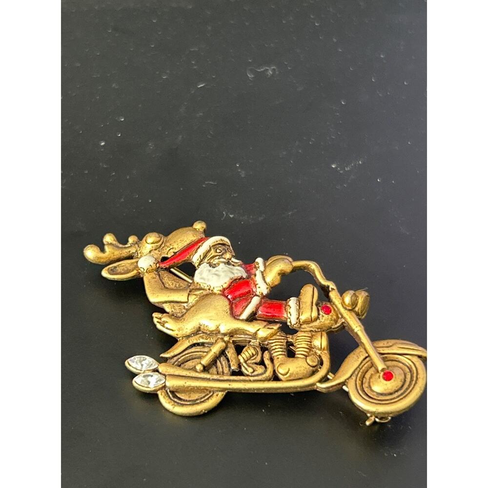 Vintage Motorcycle Santa and Reindeer Brooch signed DC on the back